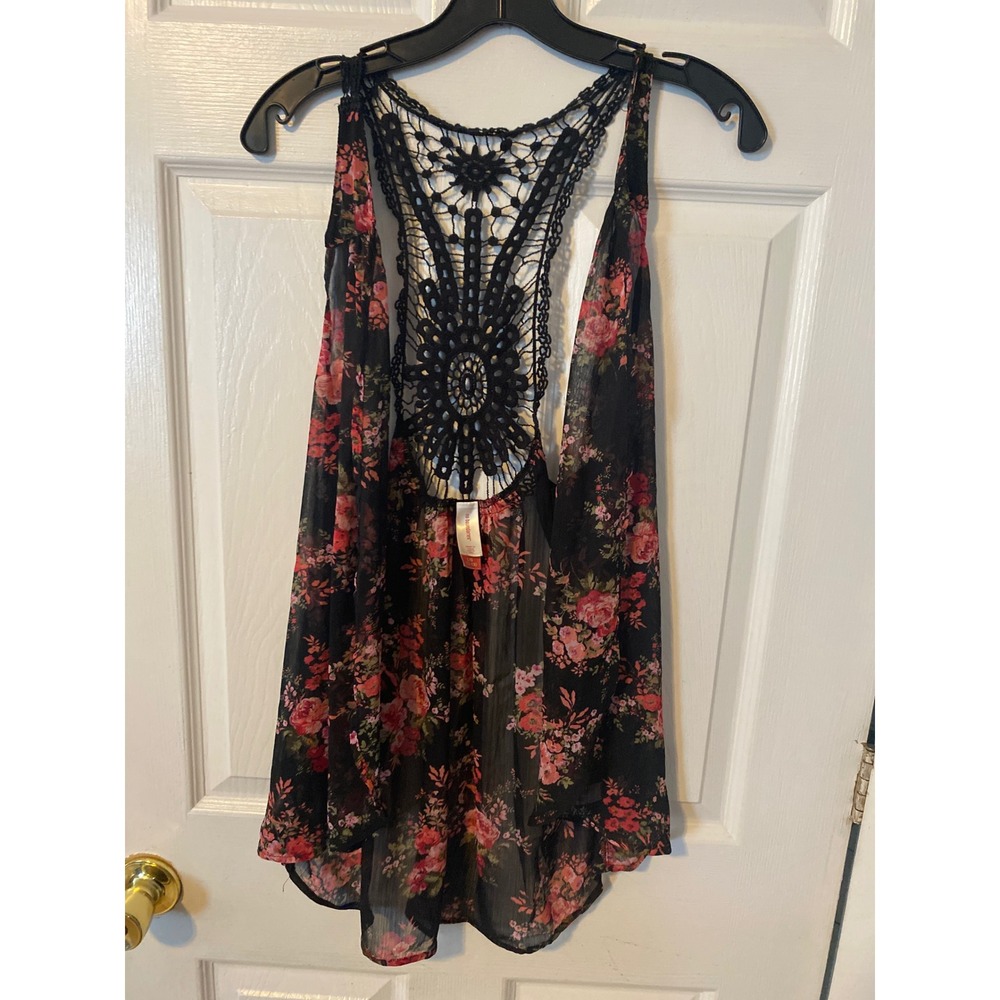 No Boundaries Floral Crochet Racerback Sheer Tank Top Black Pink Rose L 11-13